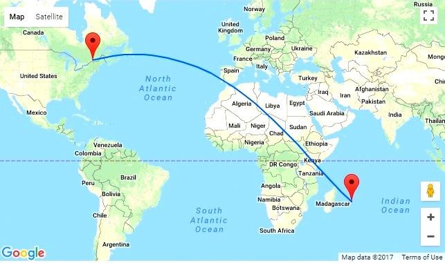 Mauritius and Canada distance map